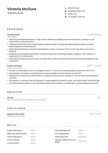 Telemetry Nurse CV Example