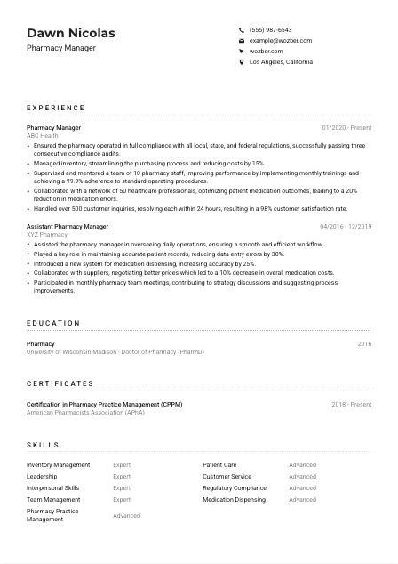 Pharmacy Manager Resume Example