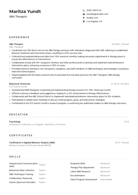 ABA Therapist Resume Example