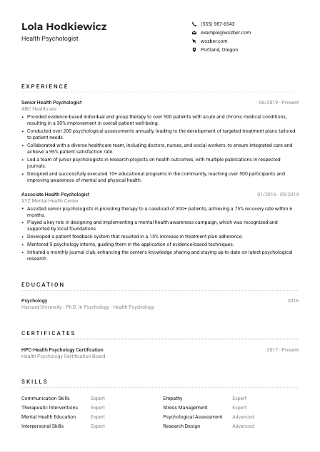 Health Psychologist CV Example