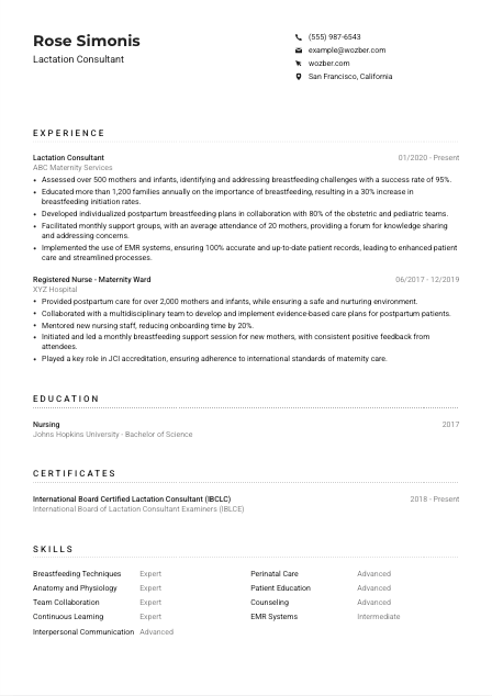 Lactation Consultant Resume Example