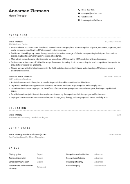 Music Therapist Resume Example