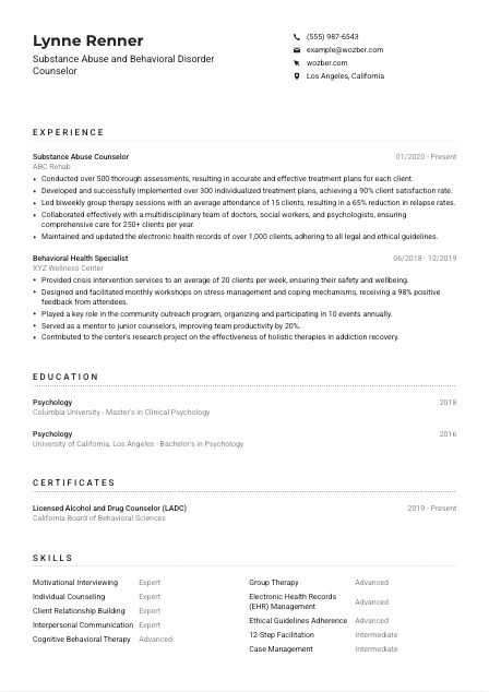 Substance Abuse and Behavioral Disorder Counselor CV Example