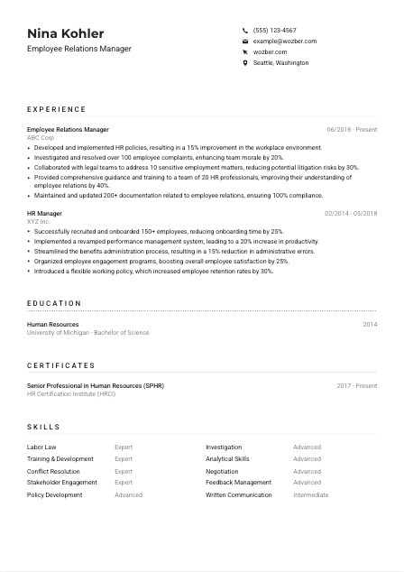 Employee Relations Manager CV Example