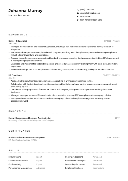 Human Resources Resume Example