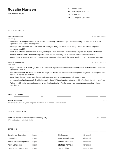 People Manager Resume Example