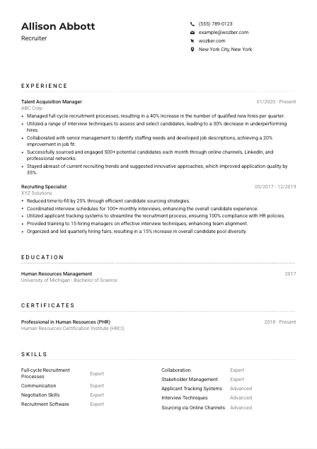 Recruiter Resume Example