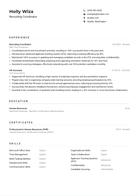 Recruiting Coordinator Resume Example