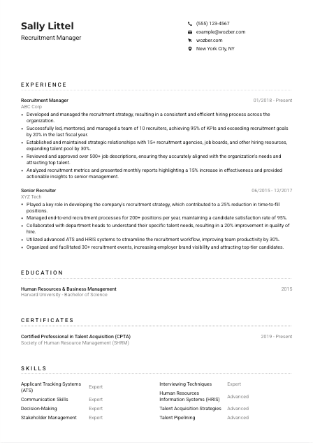 Recruitment Manager CV Example