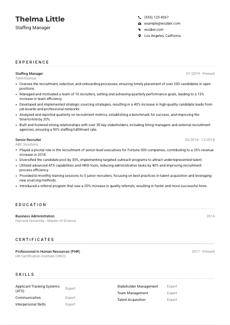 Staffing Manager Resume Example