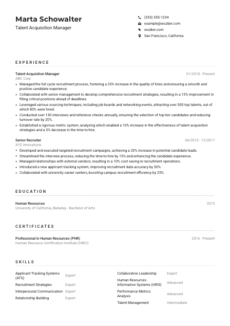 Talent Acquisition Manager CV Example