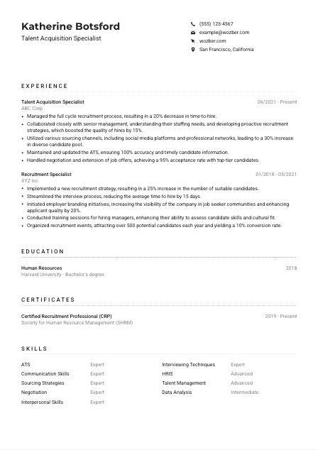 Talent Acquisition Specialist Resume Example