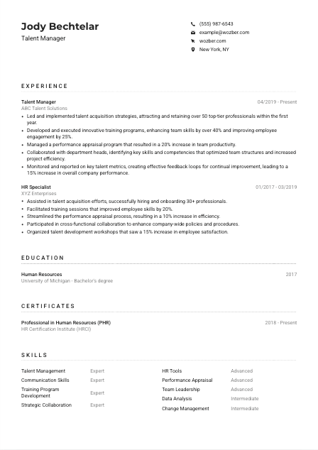 Talent Manager CV Example