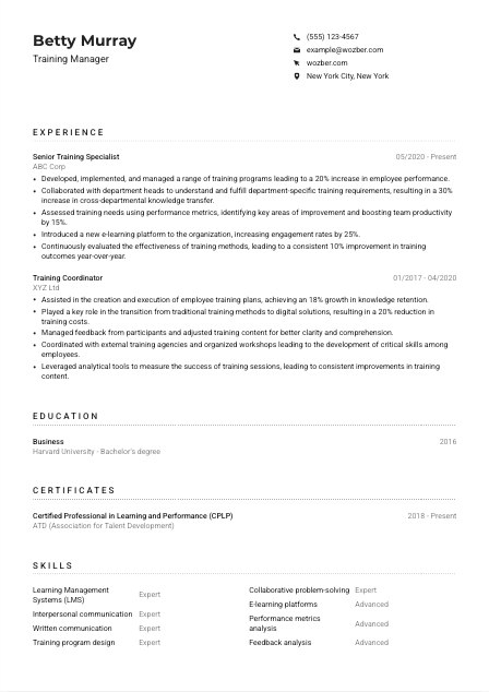 Training Manager CV Example