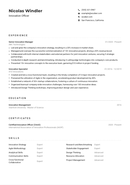 Innovation Officer Resume Example