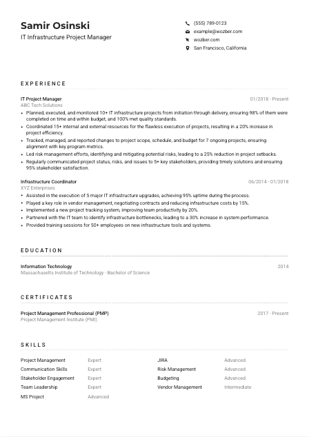 IT Infrastructure Project Manager Resume Example