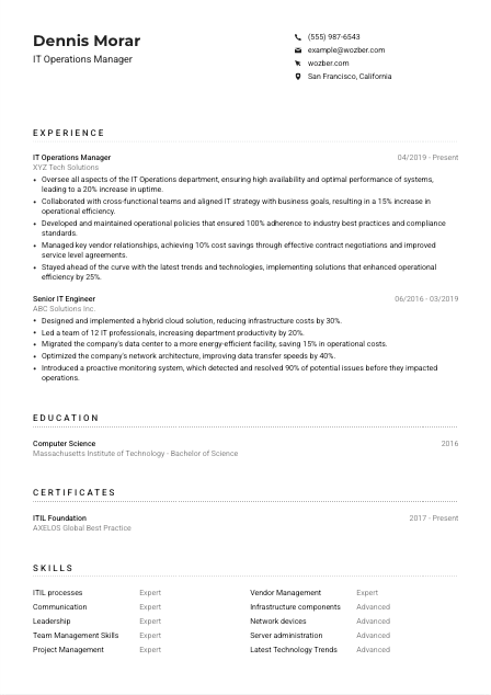 IT Operations Manager CV Example