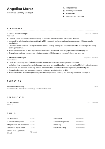 IT Service Delivery Manager CV Example
