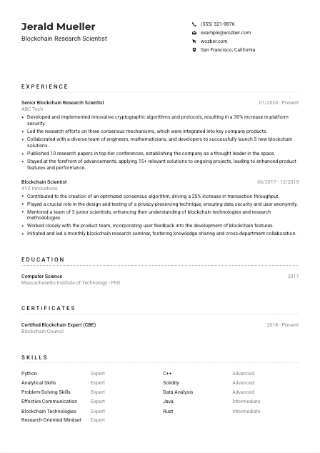 Blockchain Research Scientist Resume Example