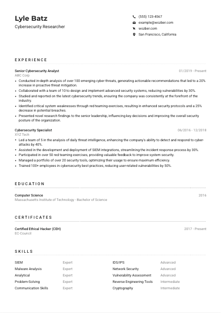 Cybersecurity Researcher Resume Example