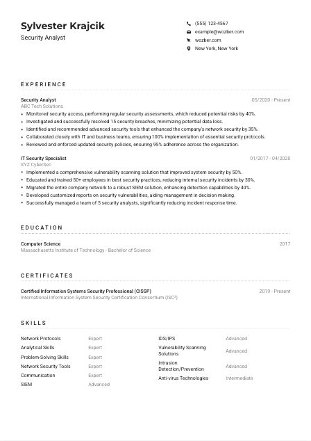 Security Analyst Resume Example