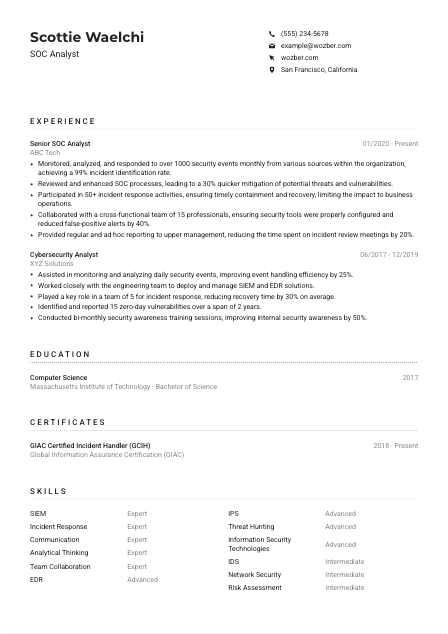 SOC Analyst Resume Example