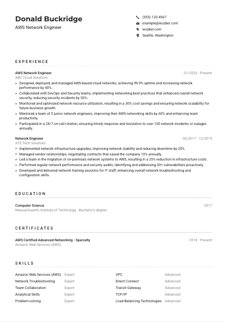 AWS Network Engineer CV Example