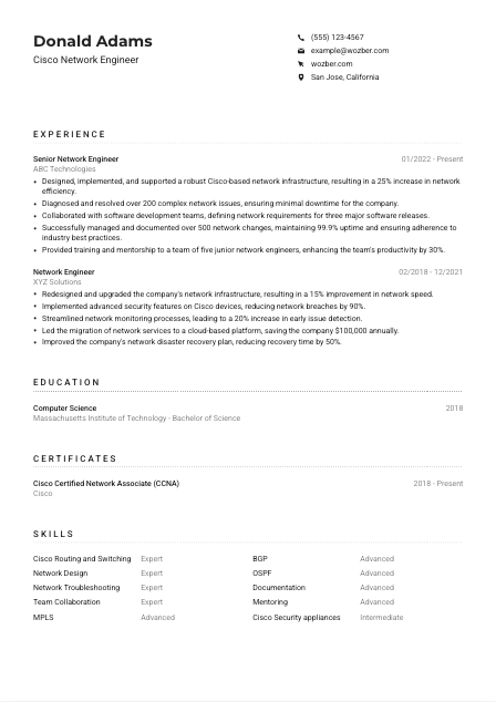 Cisco Network Engineer CV Example