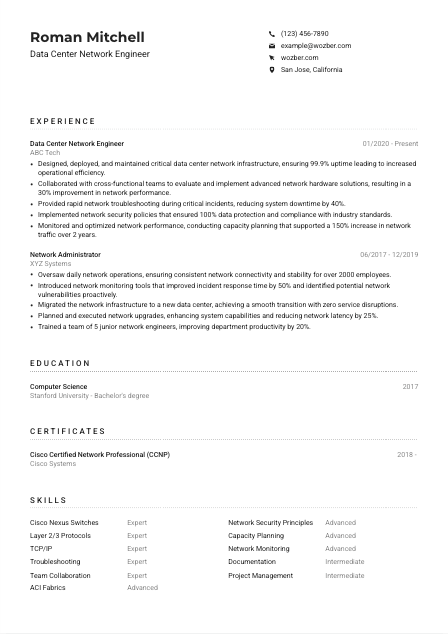 Data Center Network Engineer CV Example