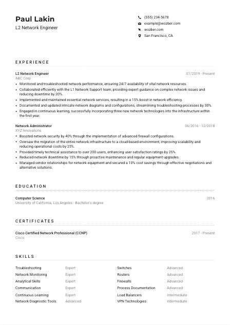 L2 Network Engineer Resume Example