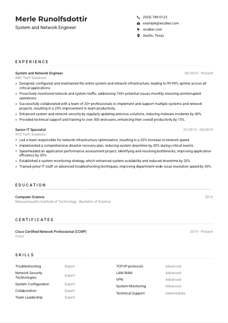 System and Network Engineer CV Example