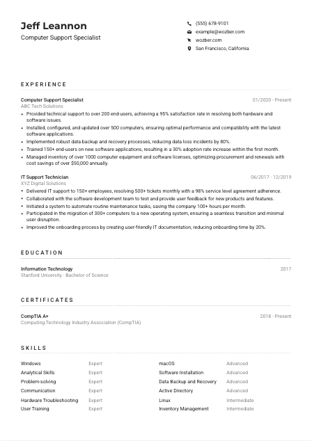 Computer Support Specialist CV Example