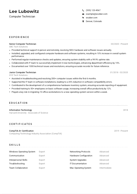 Computer Technician CV Example