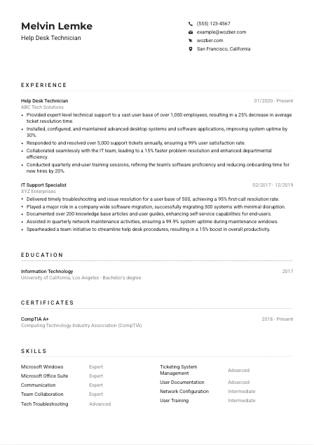 Help Desk Technician Resume Example