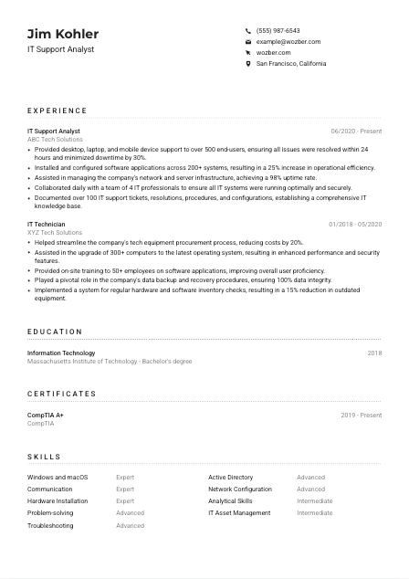 IT Support Analyst CV Example