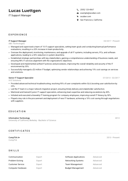 IT Support Manager CV Example
