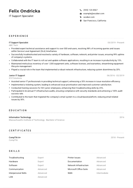 IT Support Specialist Resume Example