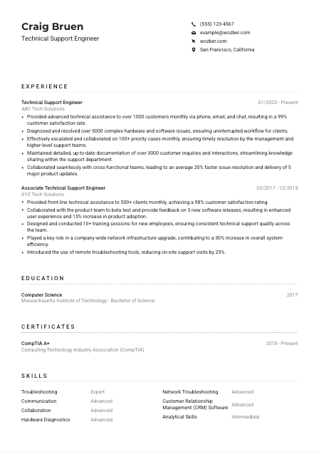 Technical Support Engineer Resume Example