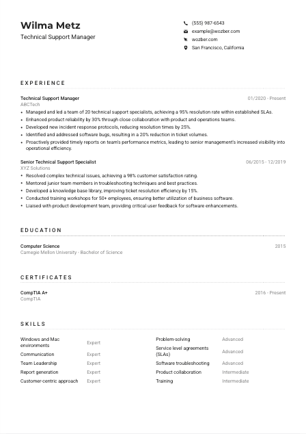 Technical Support Manager Resume Example