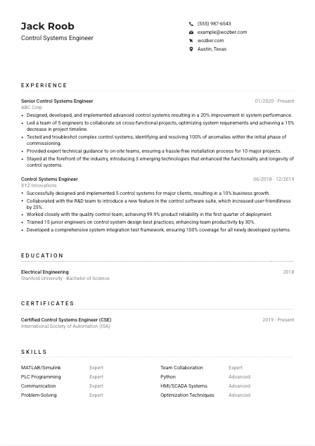 Control Systems Engineer Resume Example