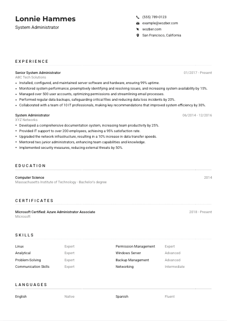 System Administrator CV Example