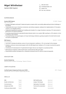 Systems R&D Engineer Resume Example