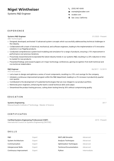 Systems R&D Engineer CV Example
