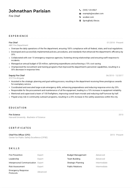 Fire Chief Resume Example