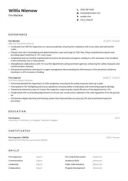 Fire Marshal CV Example