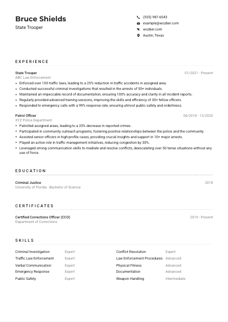 State Trooper Resume Example