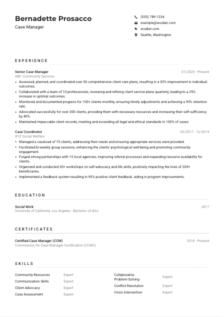 Case Manager Resume Example