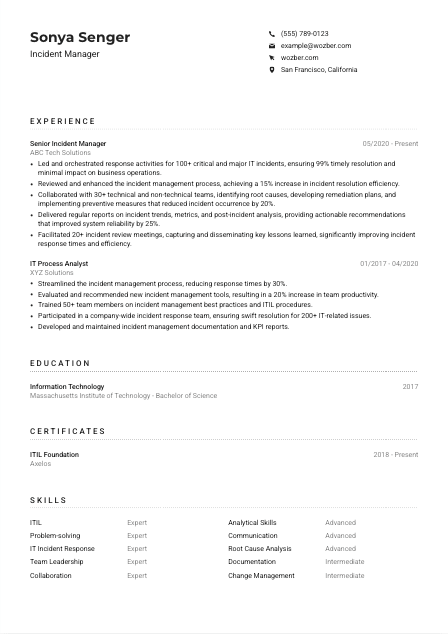 Incident Manager Resume Example