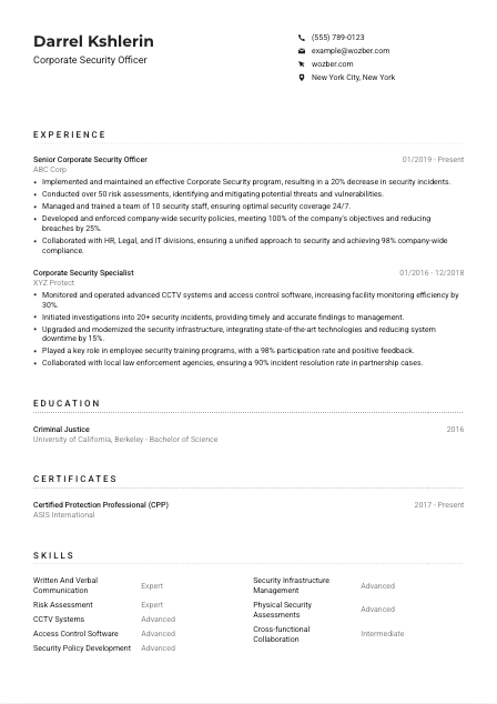 Corporate Security Officer Resume Example