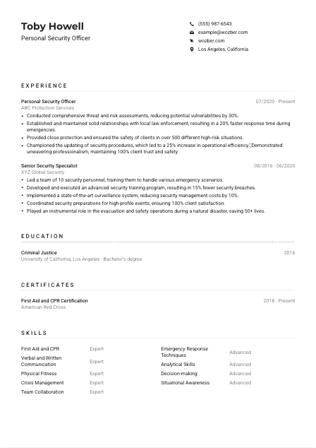 Personal Security Officer Resume Example